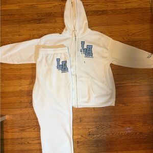 White LA Hoodie & Joggers Set with Light Blue Logo